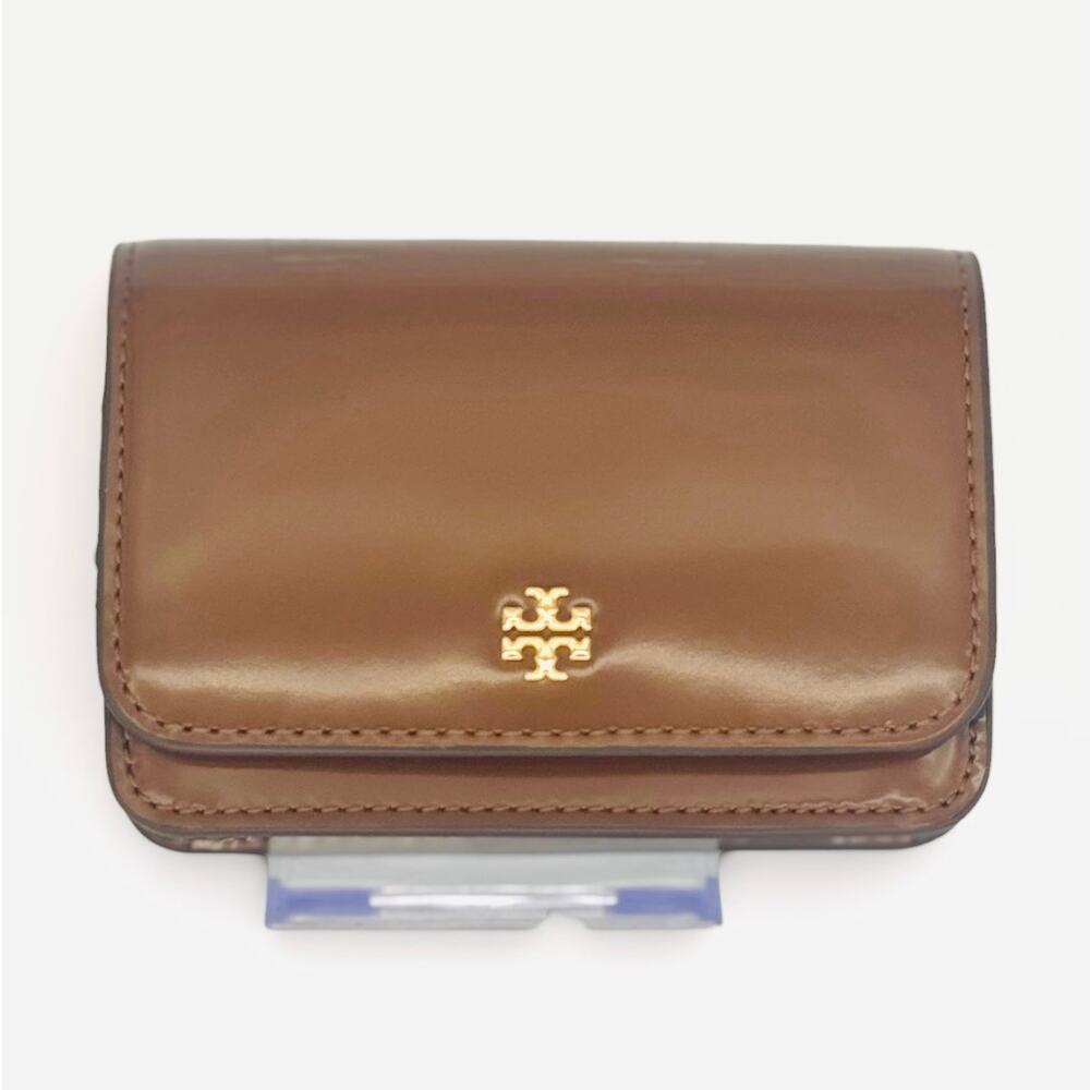 $175 Tory Burch Flap Card Case Wallet Brown Patent Leather Gold Key Chain